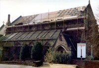 Full view of the damage done to the Church roof during the 1984 fire