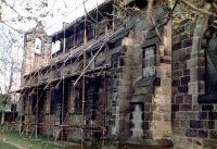 Side view of St. Thomas and thee Old Bell Tower after the 1984 fire