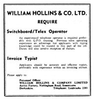 Newspaper advertisement for Clerical staff at William Hollins & Co. Nottingham Road Somercotes in 1968.