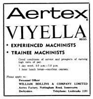 Newspaper advertisement for Aertex Viyella wanting sewing machinists experienced and trainees. 1968