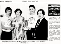 Employees at Dalkeith present Ripley Hospital League of Friends a cheque for Â£136.44 in October 1981