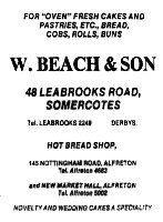 Newspaper advertisement for W. Beach & Son Bakers 48 Leabrooks Road Somercotes.