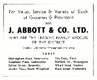 Advertisement for J.Abbott & Co. Ltd. wholesale & retail. Groceries and provisions listing eight of their shops two in Somercotes. Coupland Place was the main office and warehouse.