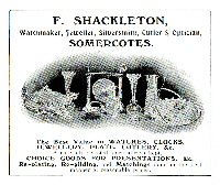 Advertisement for F. Shackleton, Watchmakers, Jewelers, Silversmith, Cutler & optician Somercotes.