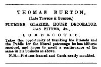 Newspaper advertisement for Thomas Burton Plumber, Glazier, House Decorator & Gas Fitter Somercotes.