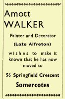 Newspaper Advertisement for Amott Walker Painter & Decorator 56 Springfield Road, Somercotes 8th December 1950.