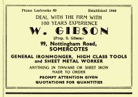 Newspaper Advertisement for W. Gibson Ironmongers 99 Nottingham Road, Somercotes 8th December 1950. This company was established in 1849, and had been trading for over 100 years.