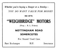 August 1962, Advertisement for Weighbridge Motors, Nottingham Road, Somercotes, used car sales.